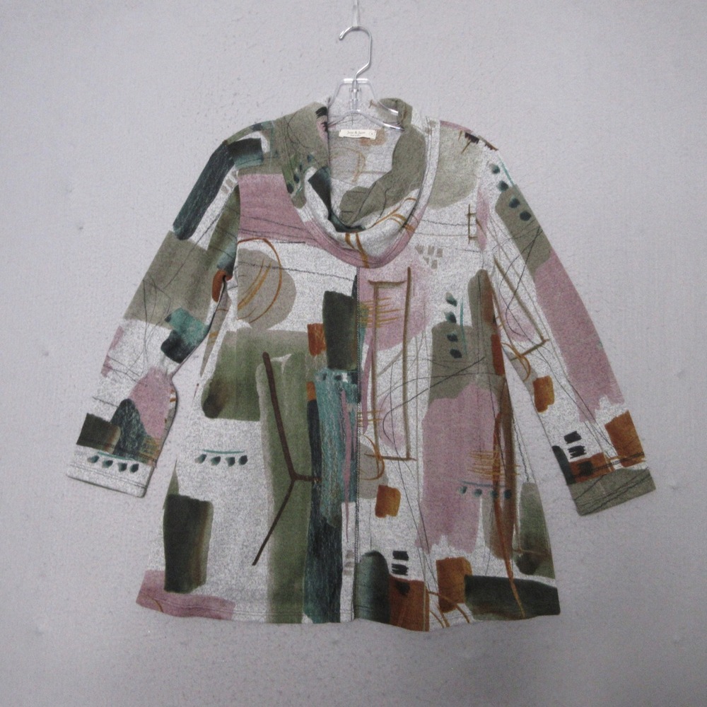 Jess & Jane Top Tunic Small Colorful Artsy Lagenlook Boho Cowl Neck Eclectic
